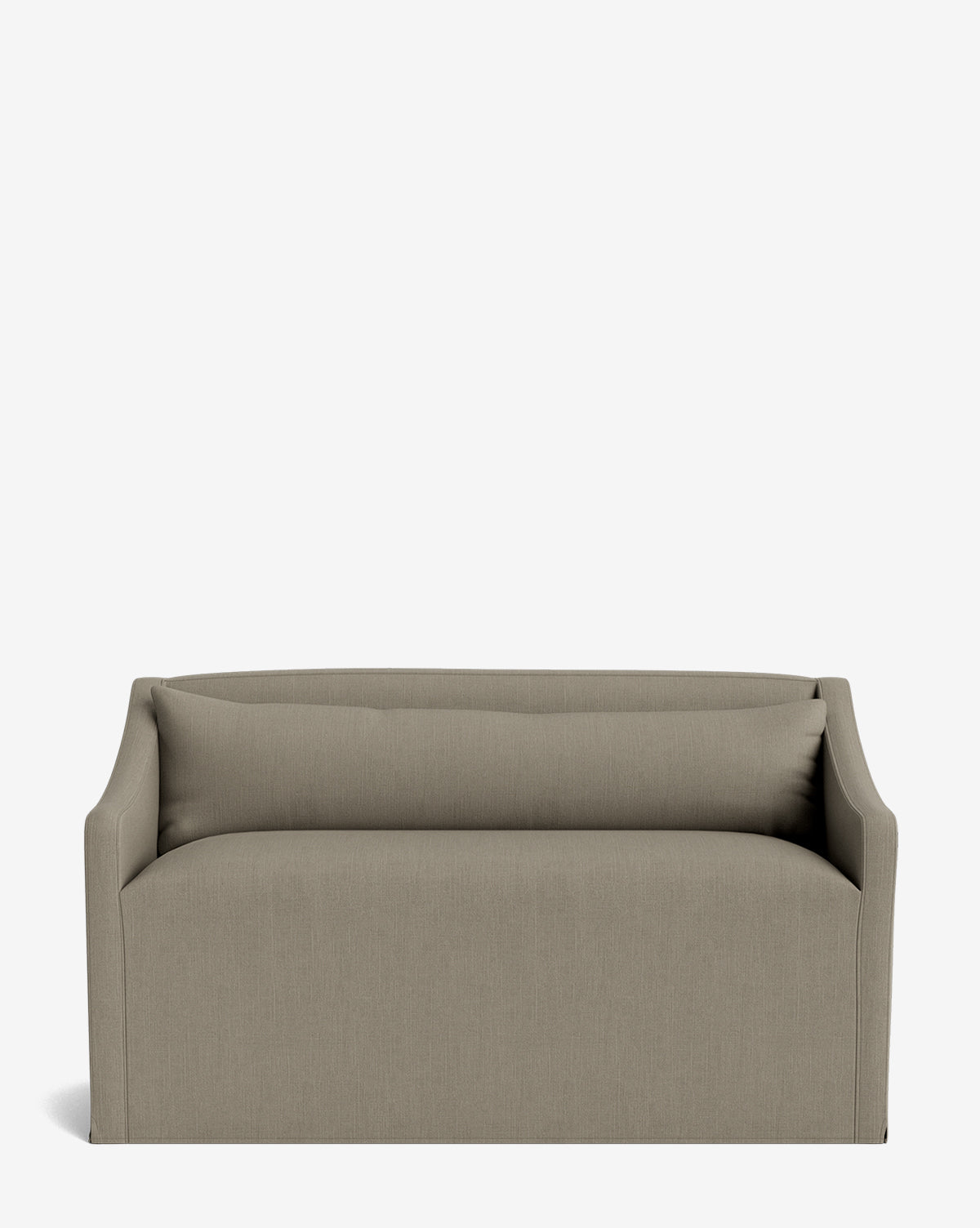 The Olivier Slipcover Dining Bench is a modern, light brown upholstered bench with low, slightly flared arms and a minimalistic design, shown against a plain white background by McGee & Co.