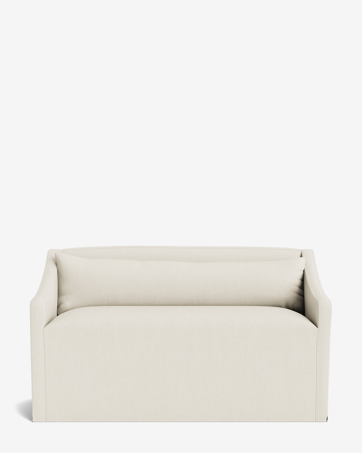 The Olivier Slipcover Dining Bench is a modern, minimalist cream-colored bench with clean lines and a solid base, featuring feather and down cushions for comfort, set against a plain white background by McGee & Co.