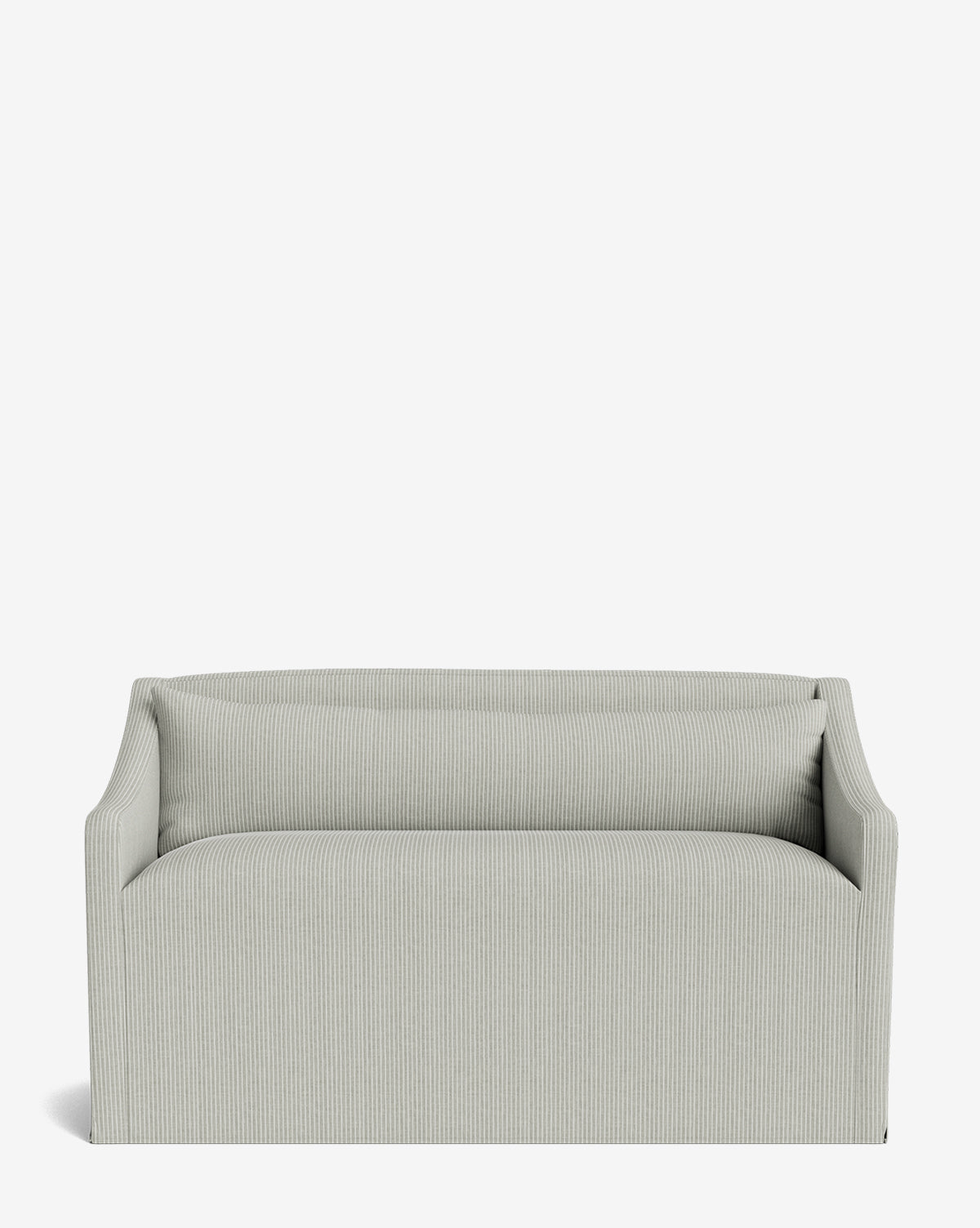 The Olivier Slipcover Dining Bench is shown against a plain white background, featuring a light gray modern upholstery with feather and down cushion comfort, slightly curved arms, and a smooth backrest, by McGee & Co.