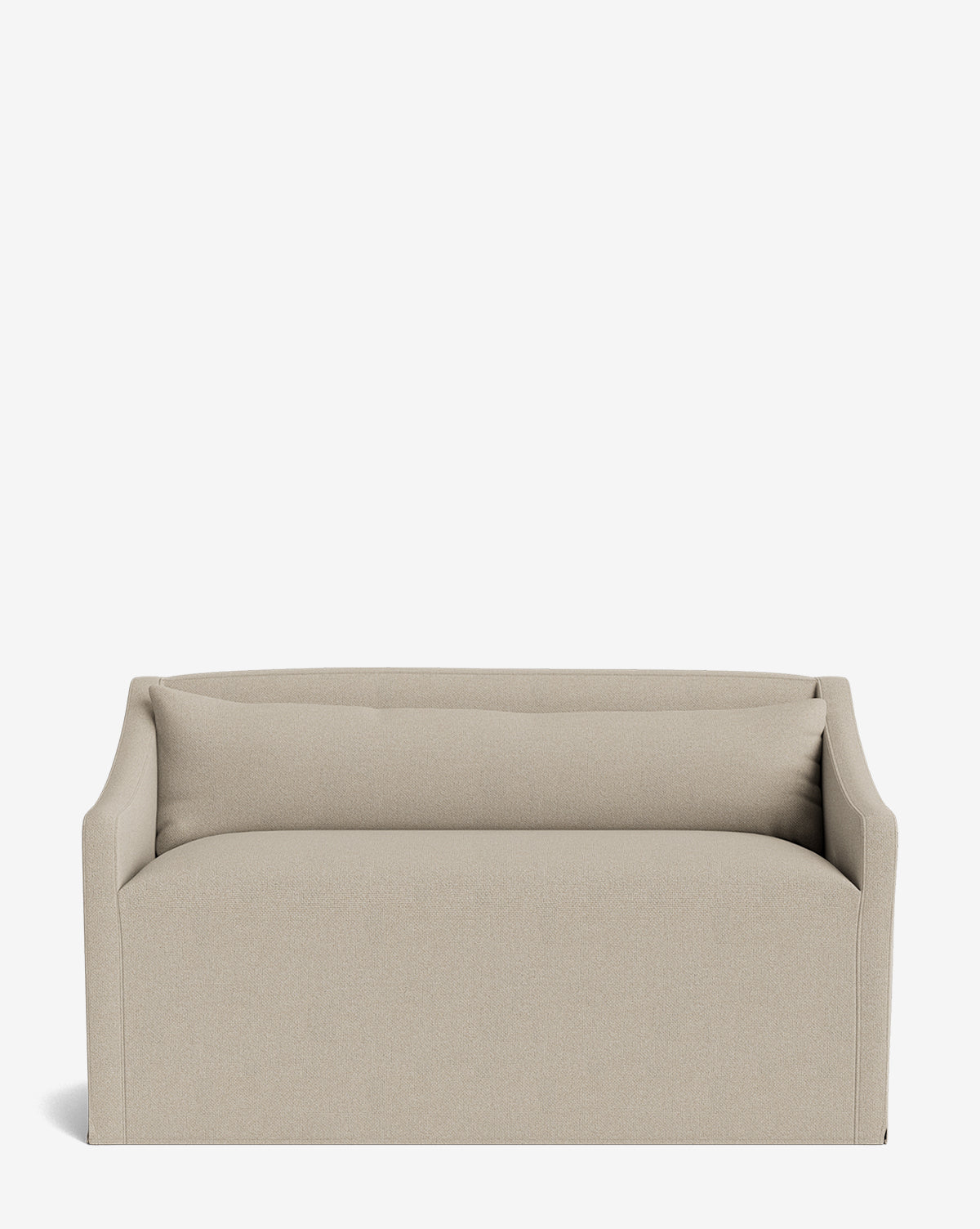 The Olivier Slipcover Dining Bench features a beige, modern upholstered design with a low backrest and gently curved armrests, accented by feather and down cushions and set against a plain white background, by McGee & Co.