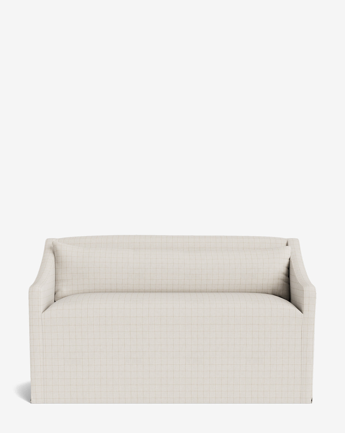 The Olivier Slipcover Dining Bench is a modern, minimalist cream-colored bench with a subtle grid pattern and low arms, featuring feather and down cushions for added comfort, shown against a plain white background by McGee & Co.