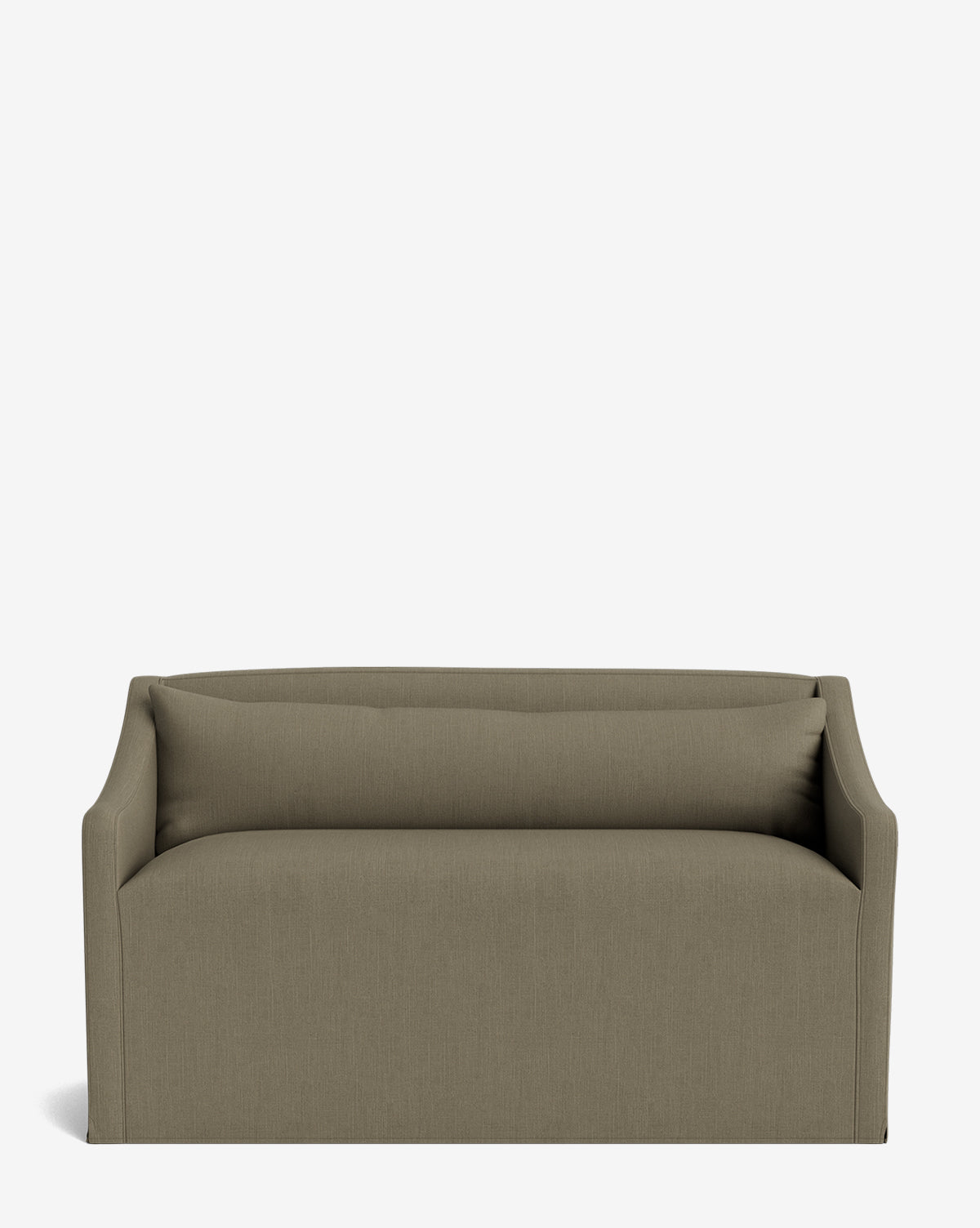 The Olivier Slipcover Dining Bench, with modern olive green upholstery, clean lines, slim arms, and a single back cushion, evokes cozy comfort against a plain white background, by McGee & Co.