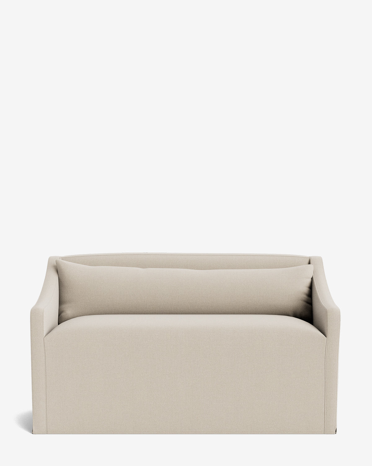 The Olivier Slipcover Dining Bench features a modern beige upholstered seat with feather and down cushion, straight back, slightly flared arms, and a streamlined minimalist design against a plain white background by McGee & Co.
