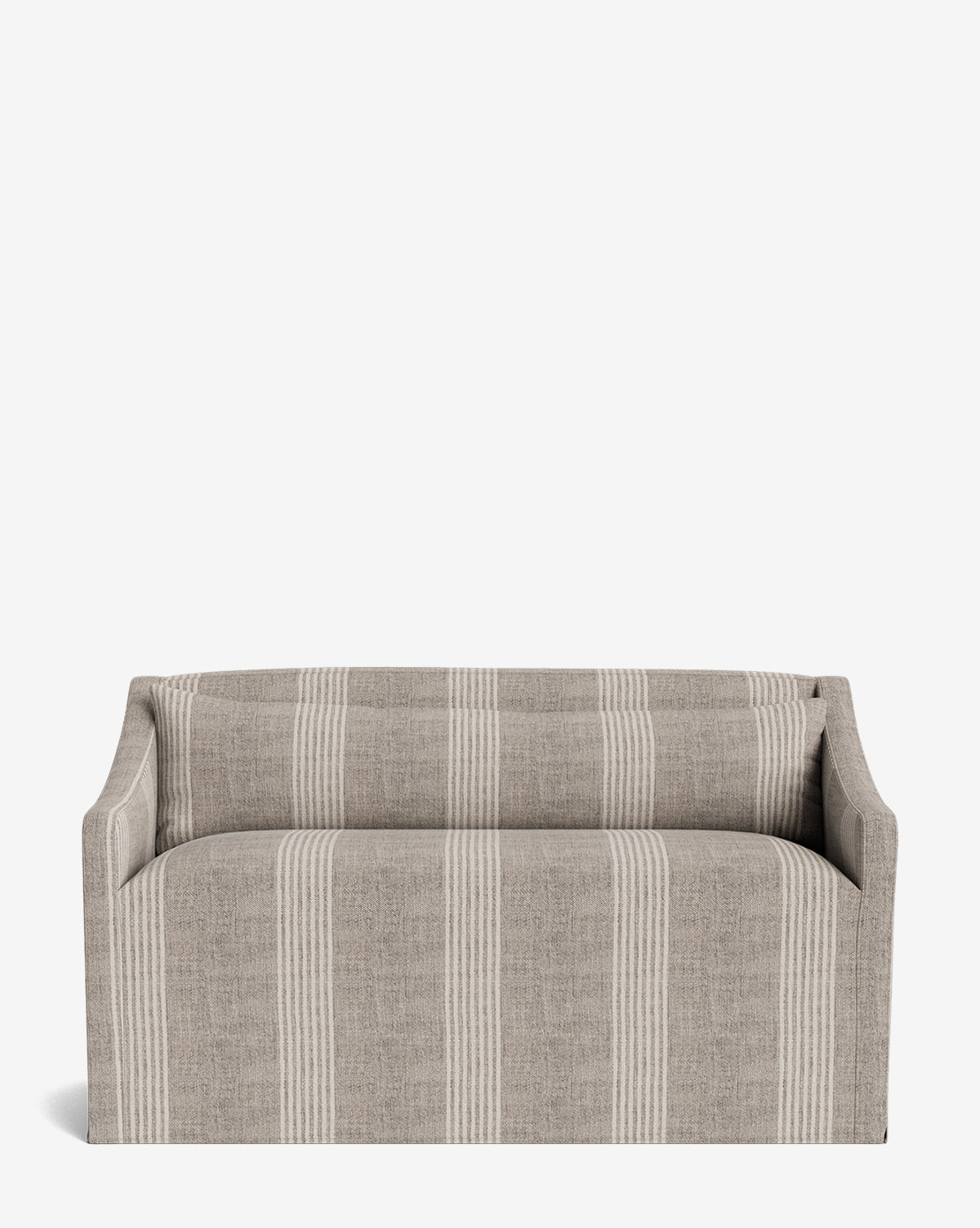 The Olivier Slipcover Dining Bench is a beige upholstered bench with wide vertical light and dark stripes, low angled arms, a boxy modern silhouette, and includes a feather and down cushion. Shown against a plain white background by McGee & Co.