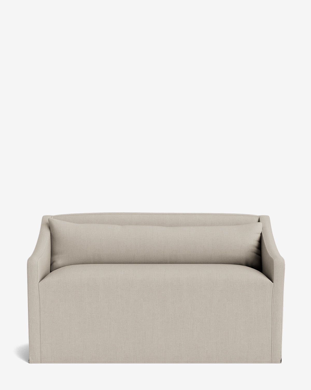 The Olivier Slipcover Dining Bench features a modern, minimalist beige design with a low back and angled armrests, plus a single feather-and-down cushion for sink-in comfort, shown on a plain white background by Vendixs