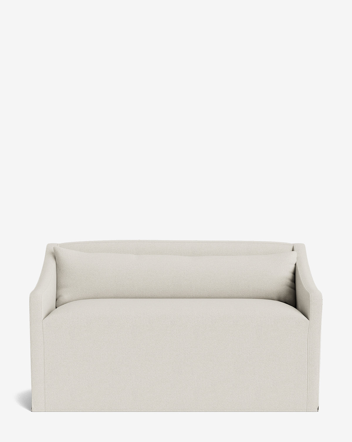The Olivier Slipcover Dining Bench features a modern, minimalist design in light beige with soft feather and down cushions and slightly flared armrests, shown against a plain white background by McGee & Co.