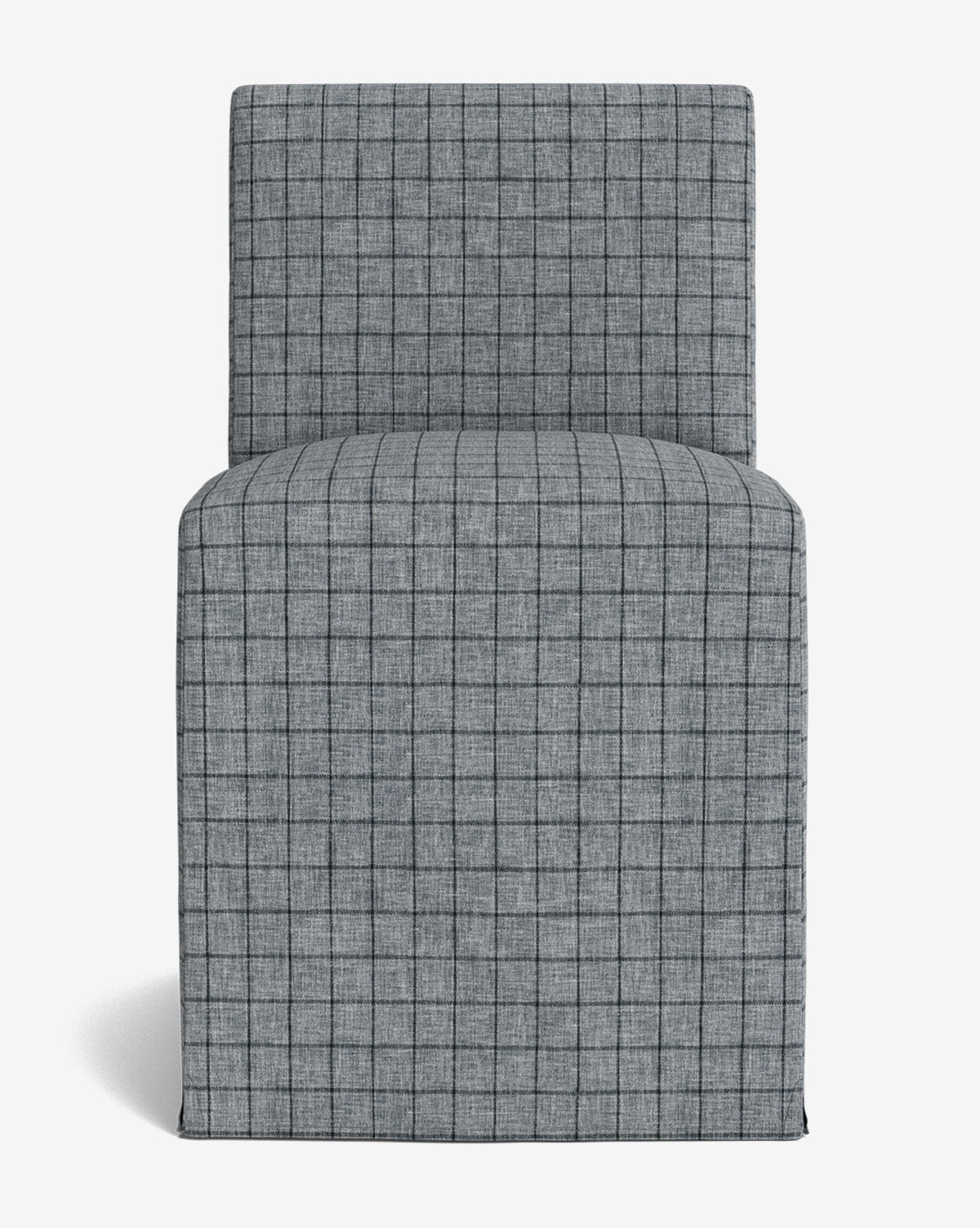 The Olivier Slipcover Dining Chair features a modern armless design with a straight back, square seat, and is fully upholstered in grey fabric with a black grid pattern, by McGee & Co. Shown against a plain white background.