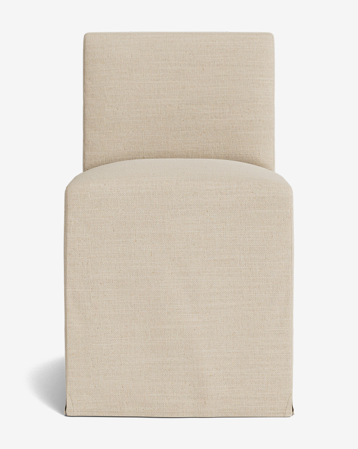 The Olivier Slipcover Dining Chair is a modern, armless dining chair with a square back and seat upholstered in light beige fabric. Showcasing clean lines and minimalist style, this accent chair is set against a plain white background, by McGee & Co.