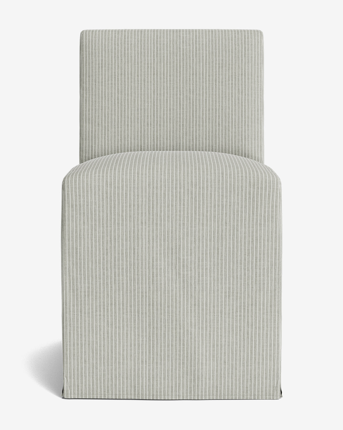 The Olivier Slipcover Dining Chair is a modern, armless accent chair with a tall backrest and boxy design, upholstered in light gray fabric with thin vertical white stripes. It is photographed against a white background, by Vendixs