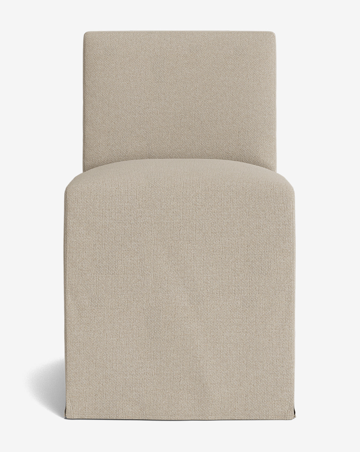 The Olivier Slipcover Dining Chair is an armless, beige dining chair with a straight back and modern, clean lines, upholstered in textured fabric. It’s photographed on a plain white background, shown directly facing the viewer, by McGee & Co.