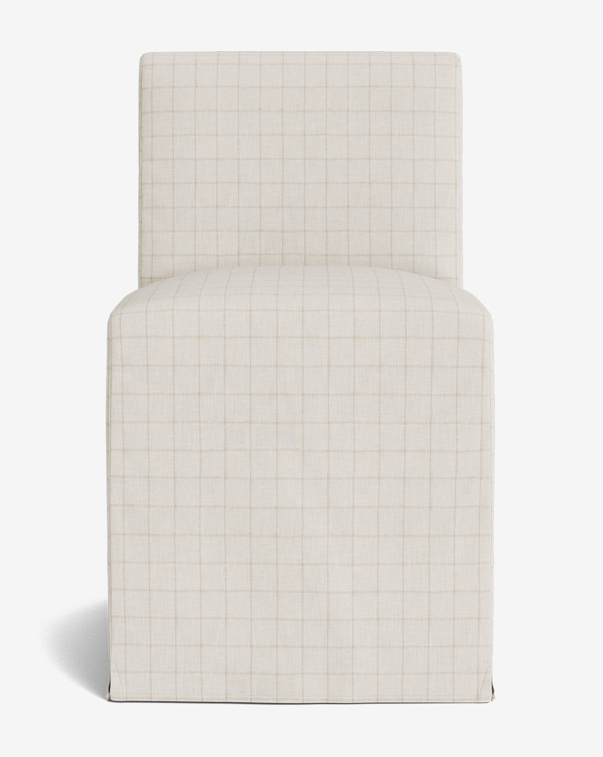 Front view of the Olivier Slipcover Dining Chair, a modern armless design with a square back and seat, upholstered in light beige fabric featuring a subtle checkered grid pattern, by McGee & Co.