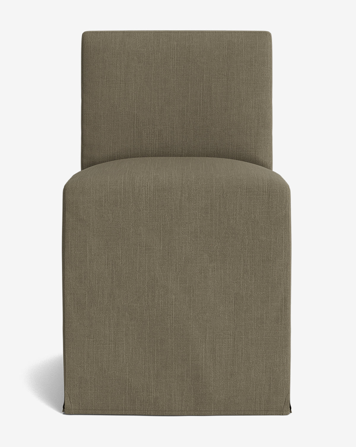 The Olivier Slipcover Dining Chair is a modern, armless dining chair with a high back and full-length brown fabric upholstery, shown from the front on a plain white background, by McGee & Co.