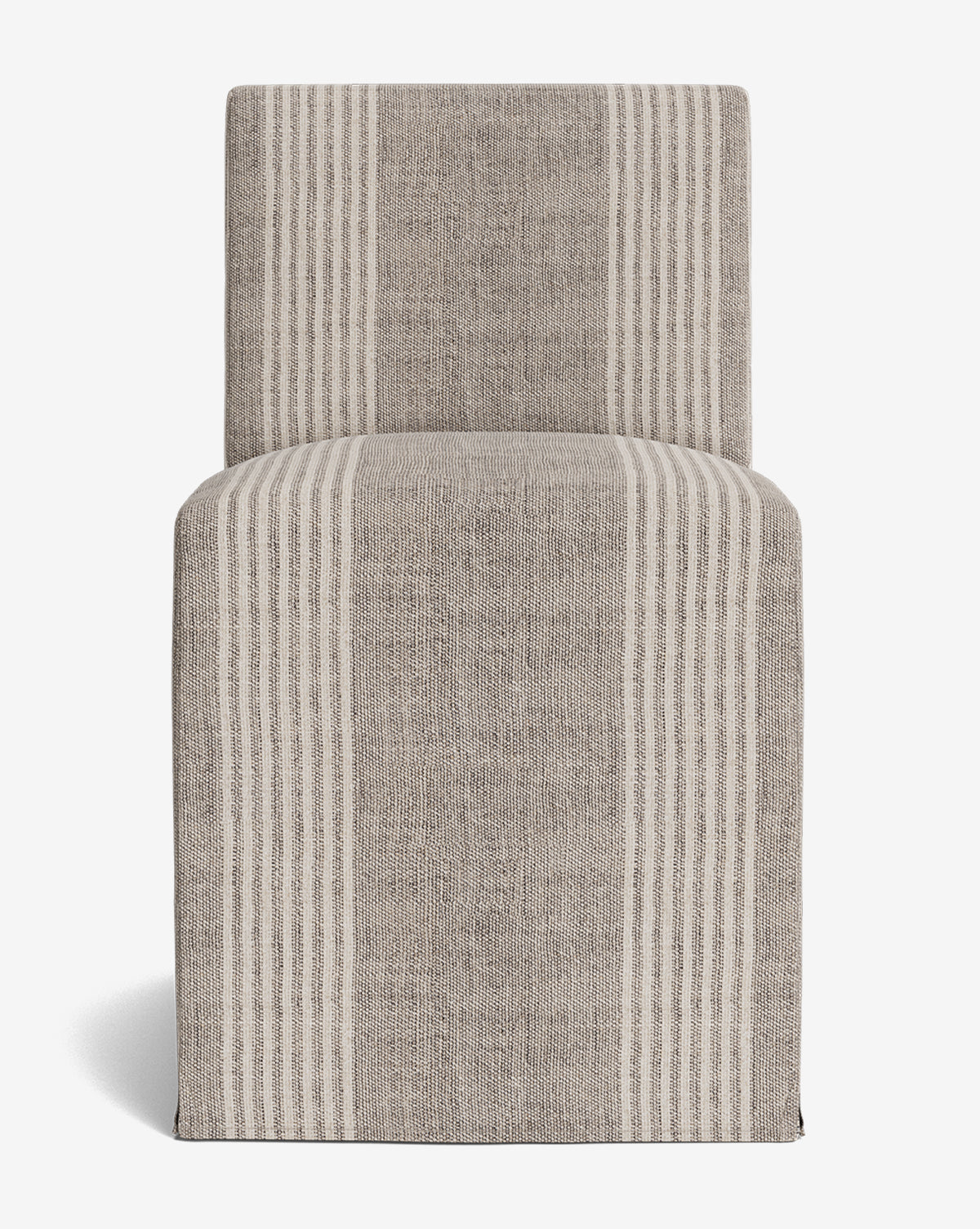 Front view of the Olivier Slipcover Dining Chair, a modern armless piece with a square back and seat, upholstered in beige and light gray fabric with vertical stripes by McGee & Co.