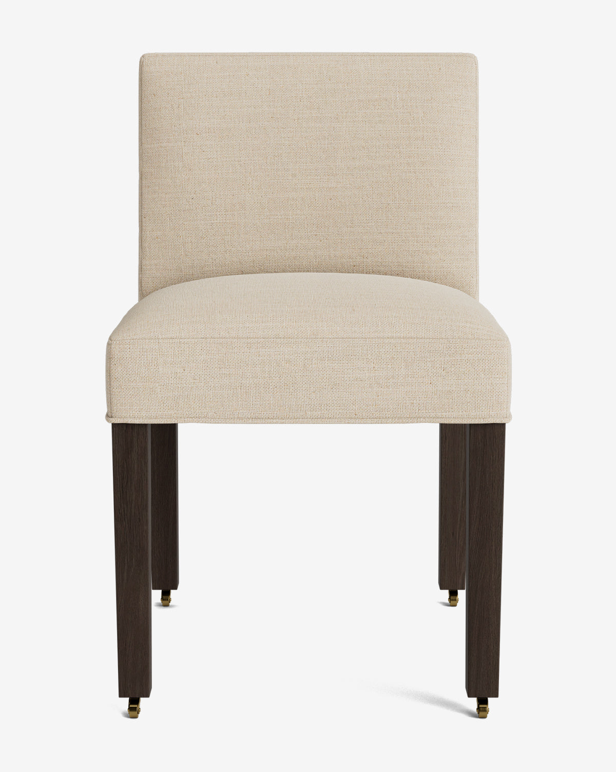 The Olivier Upholstered Dining Chair, shown from the front against a white background, features high-quality beige fabric, a rectangular backrest, and dark wooden legs, by Vendixs