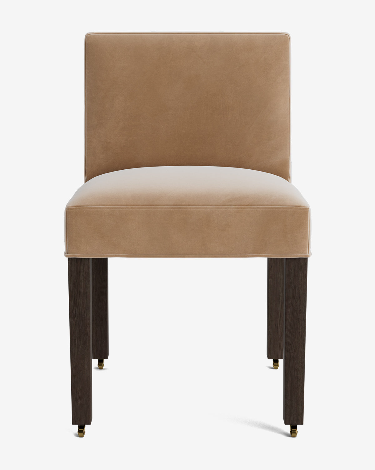 The Olivier Upholstered Dining Chair features a modern design with a light brown high-quality fabric seat and backrest, dark wooden legs, and small brass casters on the front two legs, all set against a white background by Vendixs