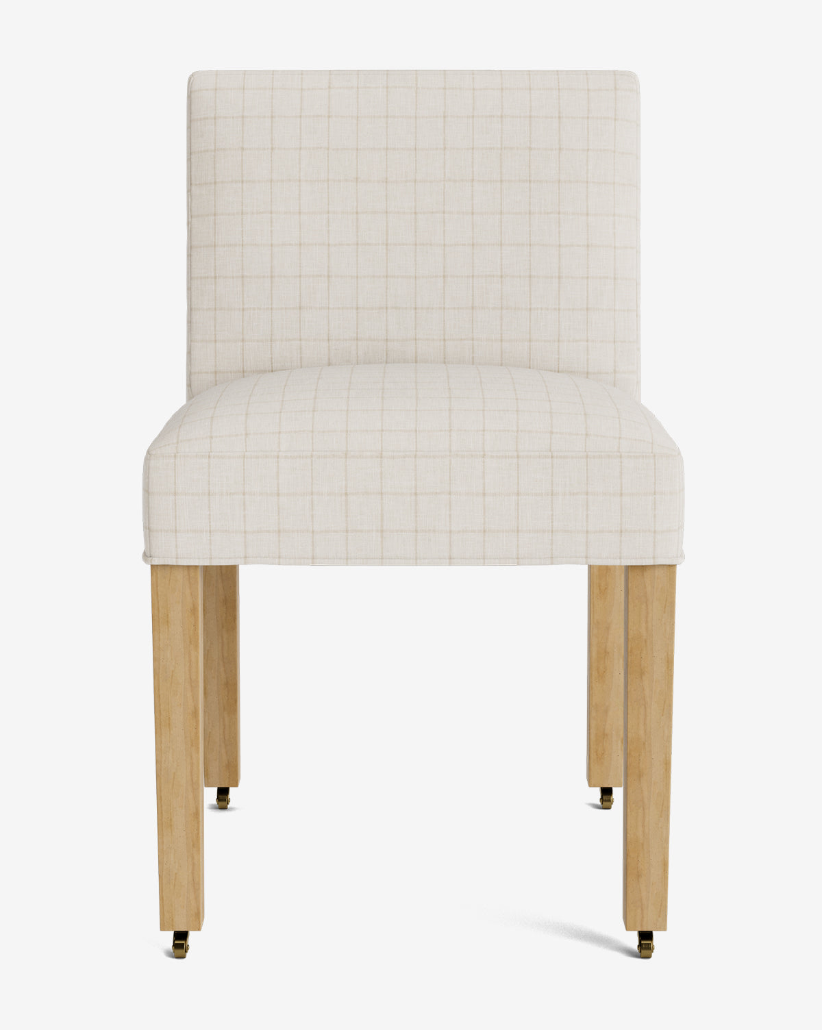 The Olivier Upholstered Dining Chair features a modern armless design with light wooden legs and off-white, grid-patterned high-quality fabric upholstery, displayed front-facing against a plain white background by Vendixs