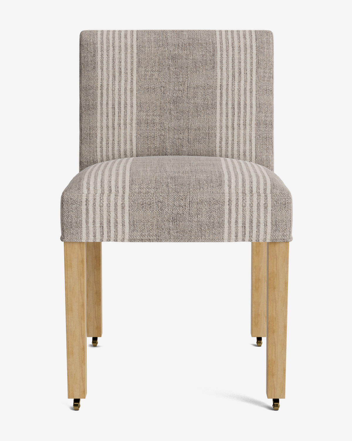 Front view of the Olivier Upholstered Dining Chair featuring light beige and cream vertical stripes, wooden legs with gold-colored castors, and crafted from high-quality fabric for lasting style and comfort, by Vendixs