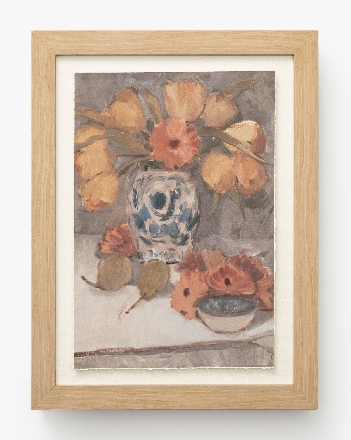 Orange Florals Still Life is a framed watercolor artwork featuring yellow tulips, orange flowers in a blue and white vase, figs, scattered orange florals, and a small bowl, all depicted in soft, muted colors with an impressionistic style, by Vendixs