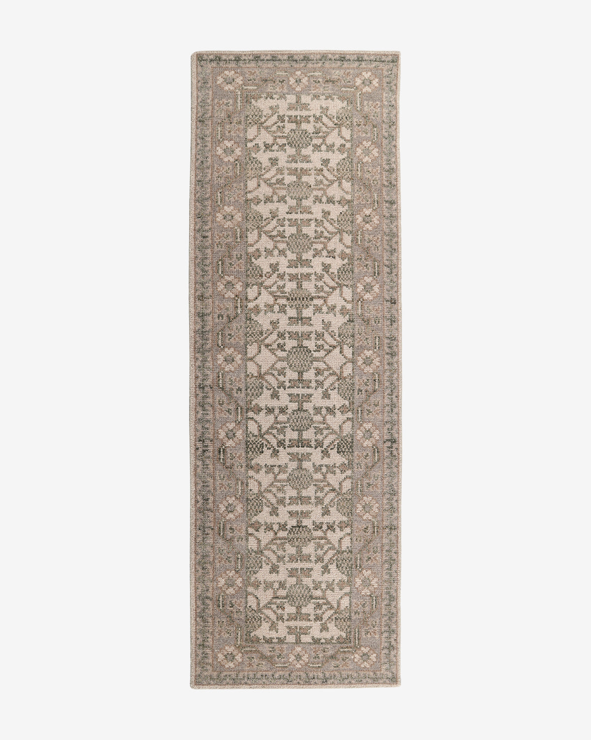 The Orsino Hand-Knotted Rug features an intricate, symmetrical geometric and floral motif in muted beige, gray, and taupe tones. A decorative border frames this elegant antique-style rug, shown on a white background, by Vendixs