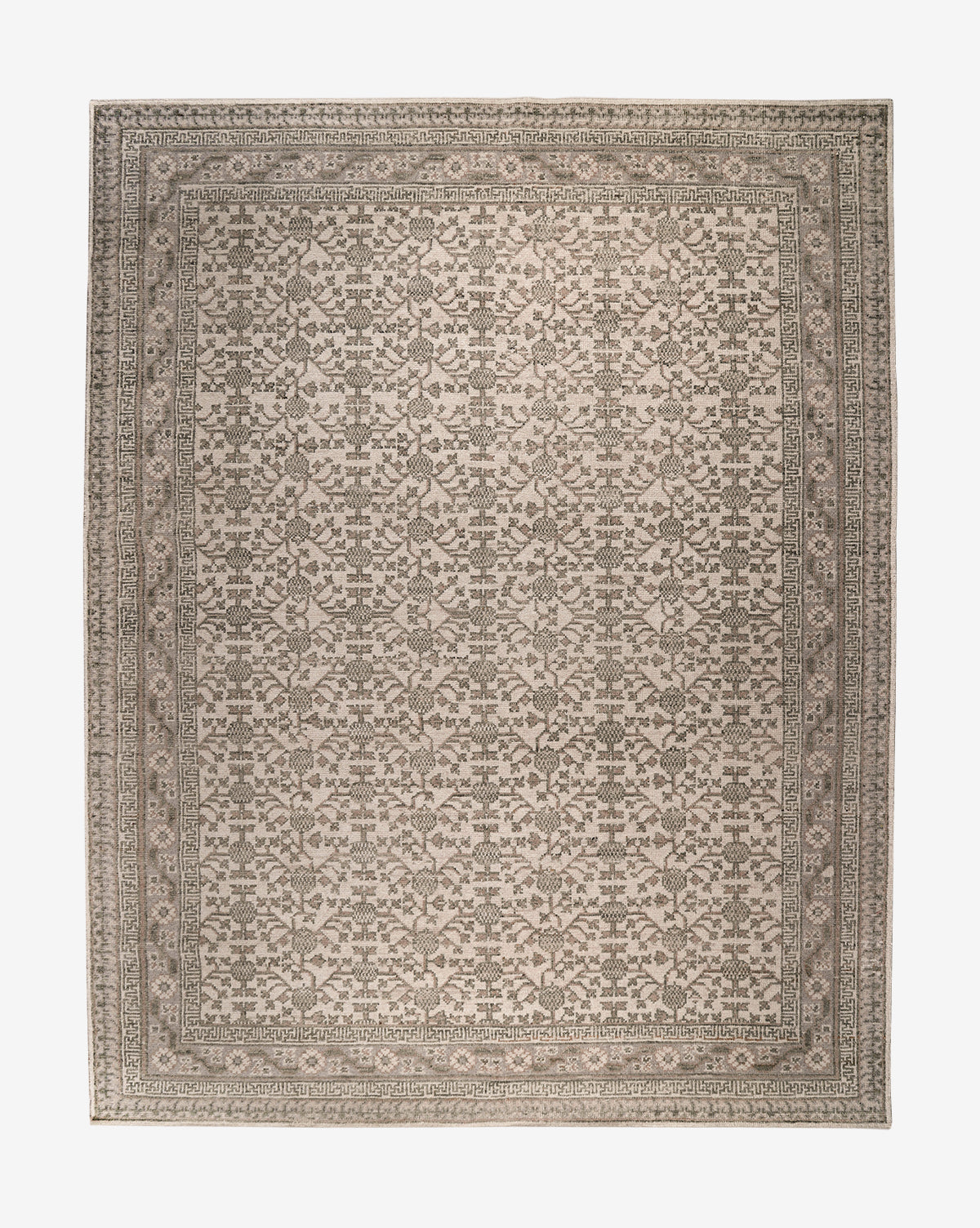 The Orsino Hand-Knotted Rug is a rectangular beige and gray wool piece with an ornate floral and geometric pattern, featuring a detailed border around a repeating central design in a traditional style, by Vendixs