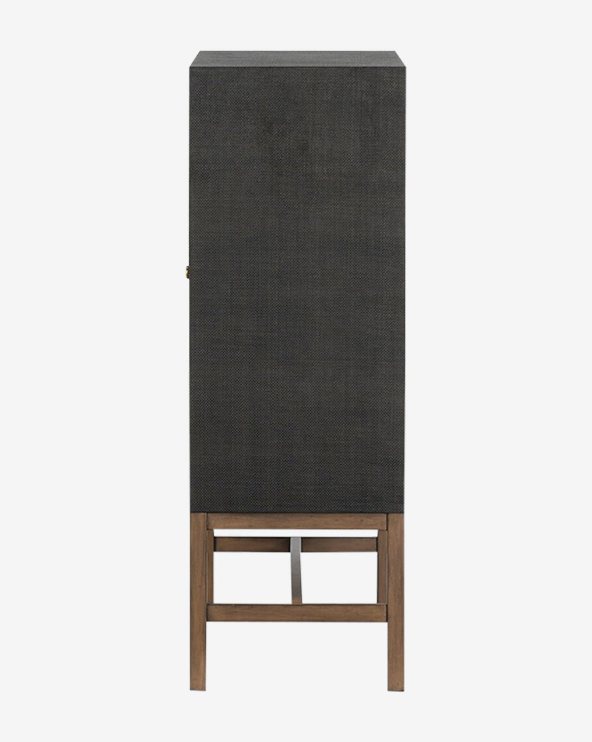 The Osborne Cabinet is a tall, rectangular black raffia cabinet with four solid mahogany legs and a crossbar support, displayed from the side against a plain white background by McGee & Co.