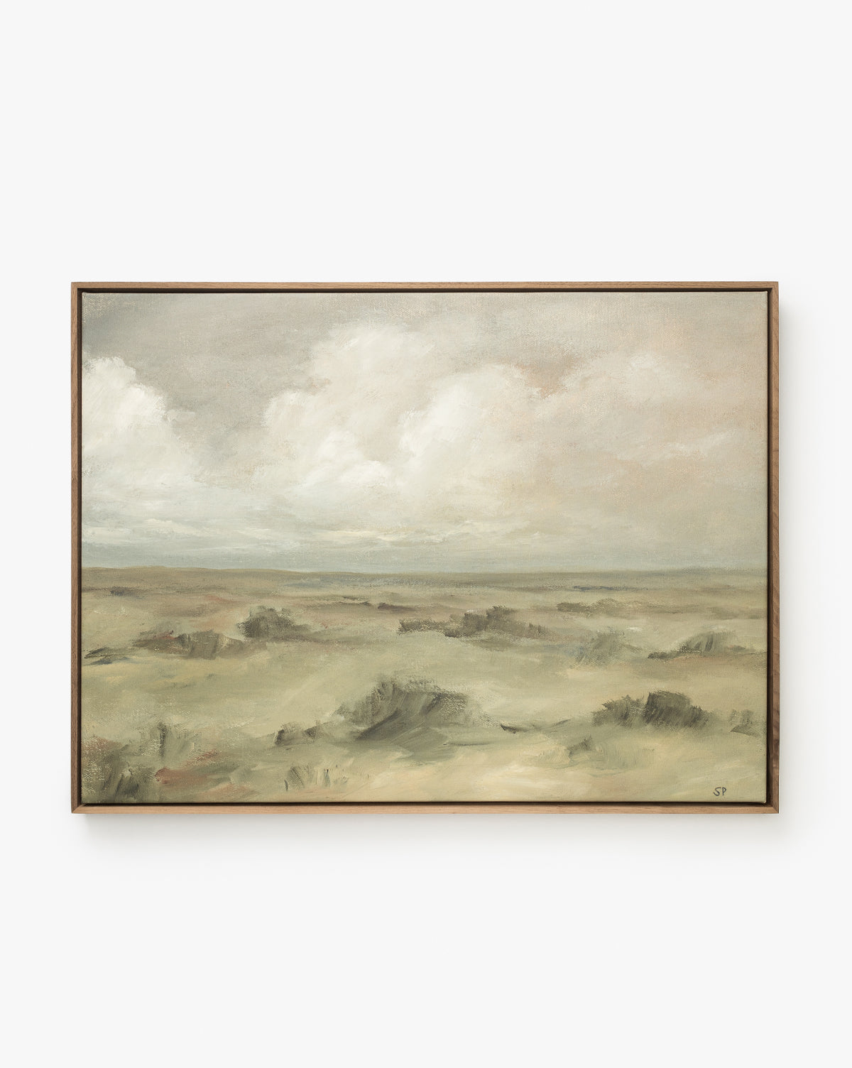 Overlook is a museum-quality framed wall art featuring a flat, grassy landscape under a cloudy sky in muted green, beige, and grey, evoking the calm serenity of windswept fields, by Vendixs