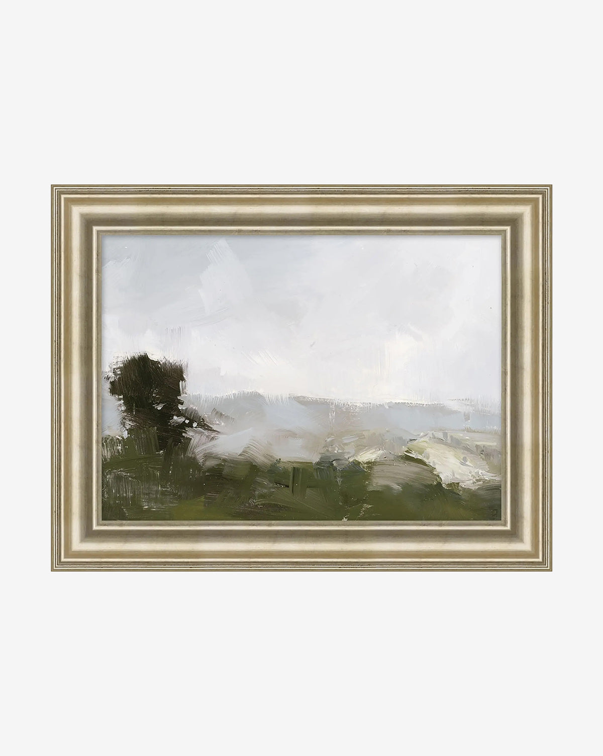 Overlook View I by Monique Lazard: A framed canvas painting featuring a dark tree on the left, misty brushstrokes, rolling green hills, and a pale cloudy sky, by Vendixs