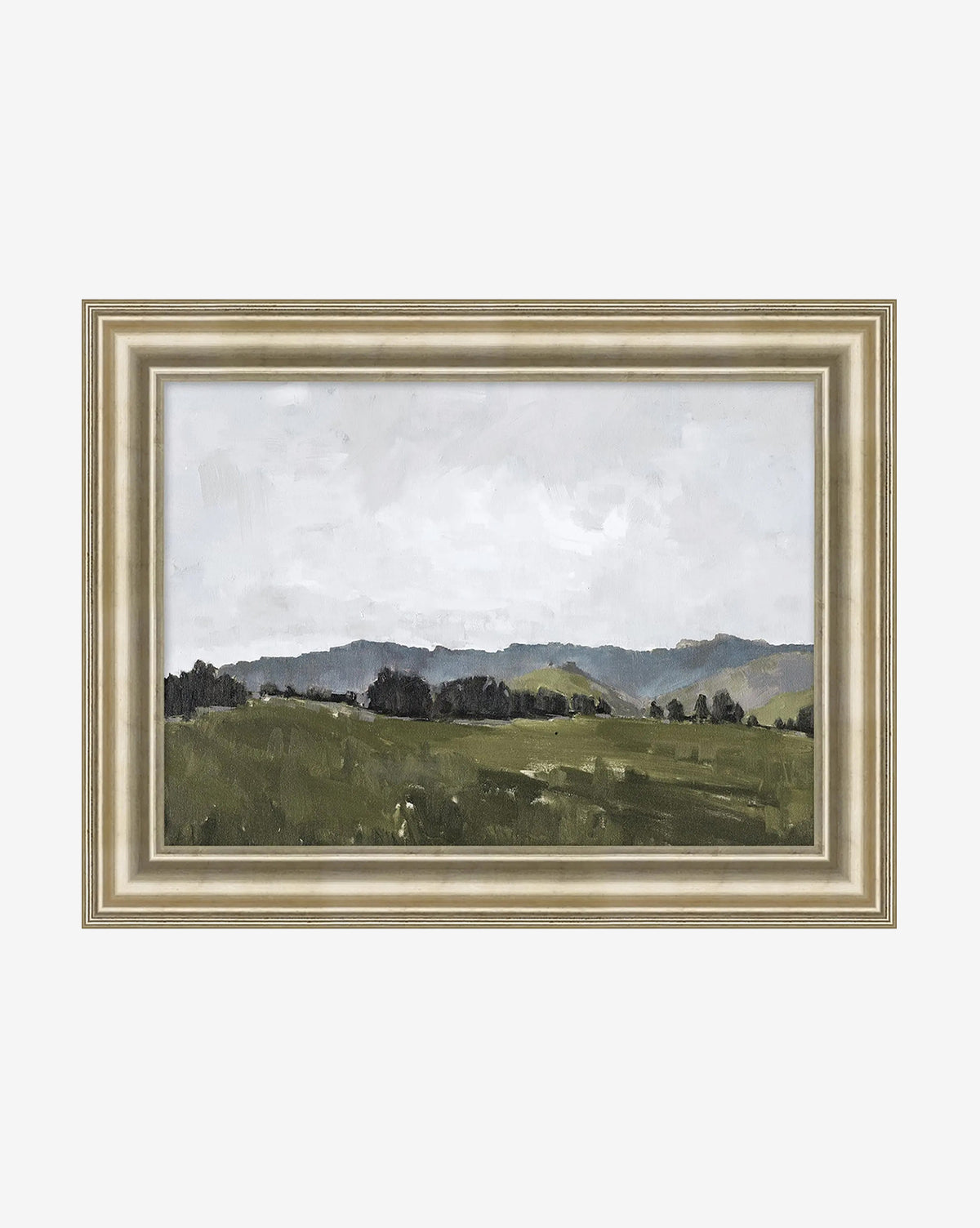 Overlook View II by Monique Lazard is a framed giclee print depicting a serene landscape with green fields, distant hills, and a cloudy sky in an impressionistic style on canvas, by Vendixs