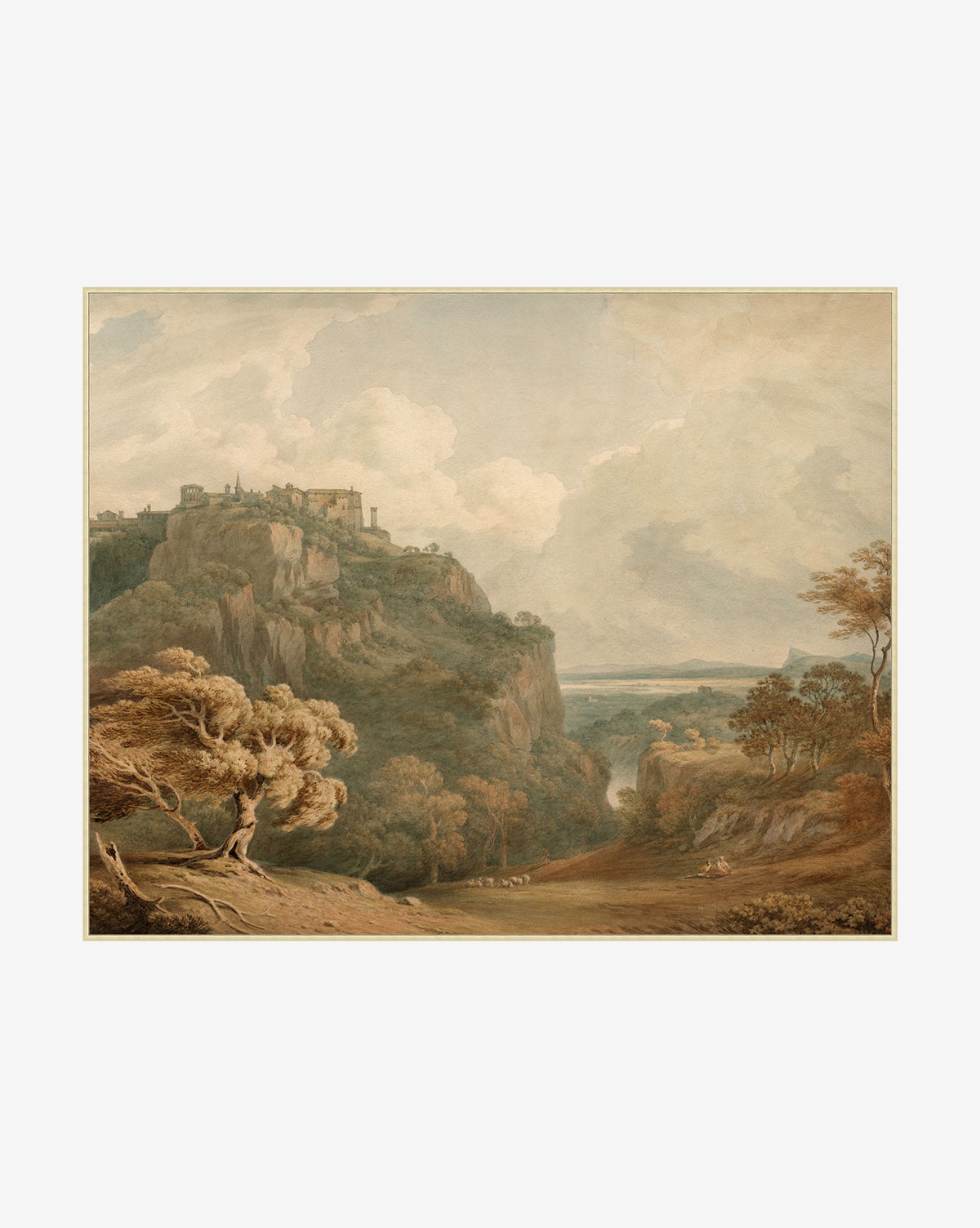 Overlooking Tivoli depicts a hilltop fortress above a lush, wooded valley with winding paths and distant hills. Detailed brushwork brings the dramatic scene to life, highlighting trees and rocky cliffs in the foreground, by Vendixs