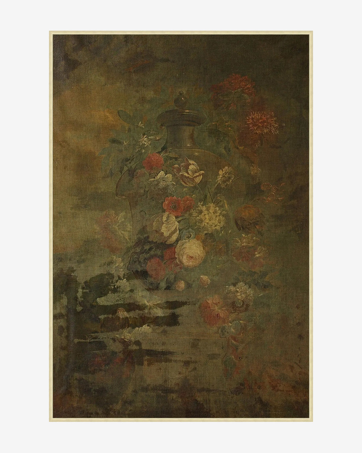 Oxidized Florals: A vintage-inspired painting of a glass vase brimming with vibrant roses and peonies, set against a dark, muted background with an aged texture, all elegantly framed in antique silver, by Vendixs
