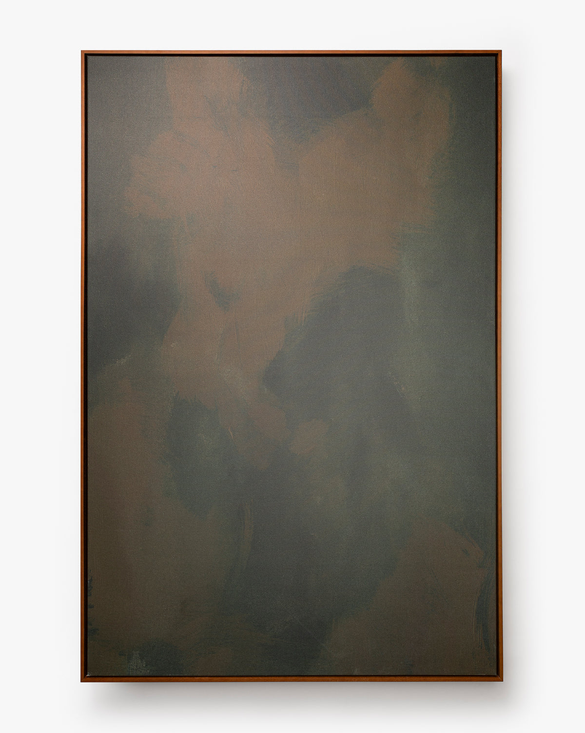 Painters Depths is a framed abstract wall art piece with dark green and brown tones, soft cloudy brushstrokes, and a textured giclee canvas, creating a moody effect against a crisp white background, by Vendixs
