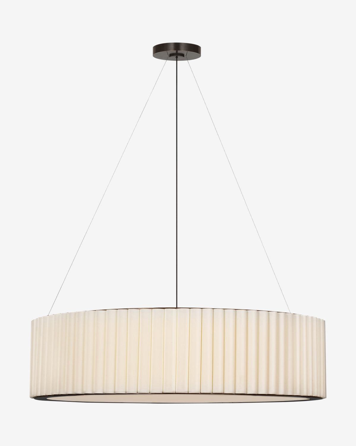 The Palati Extra Large Hanging Shade by Visual Comfort & Co. Signature features a crisp white pleated linen shade, suspended by three thin wires from a sleek black mount for a striking contemporary look. Vendixs