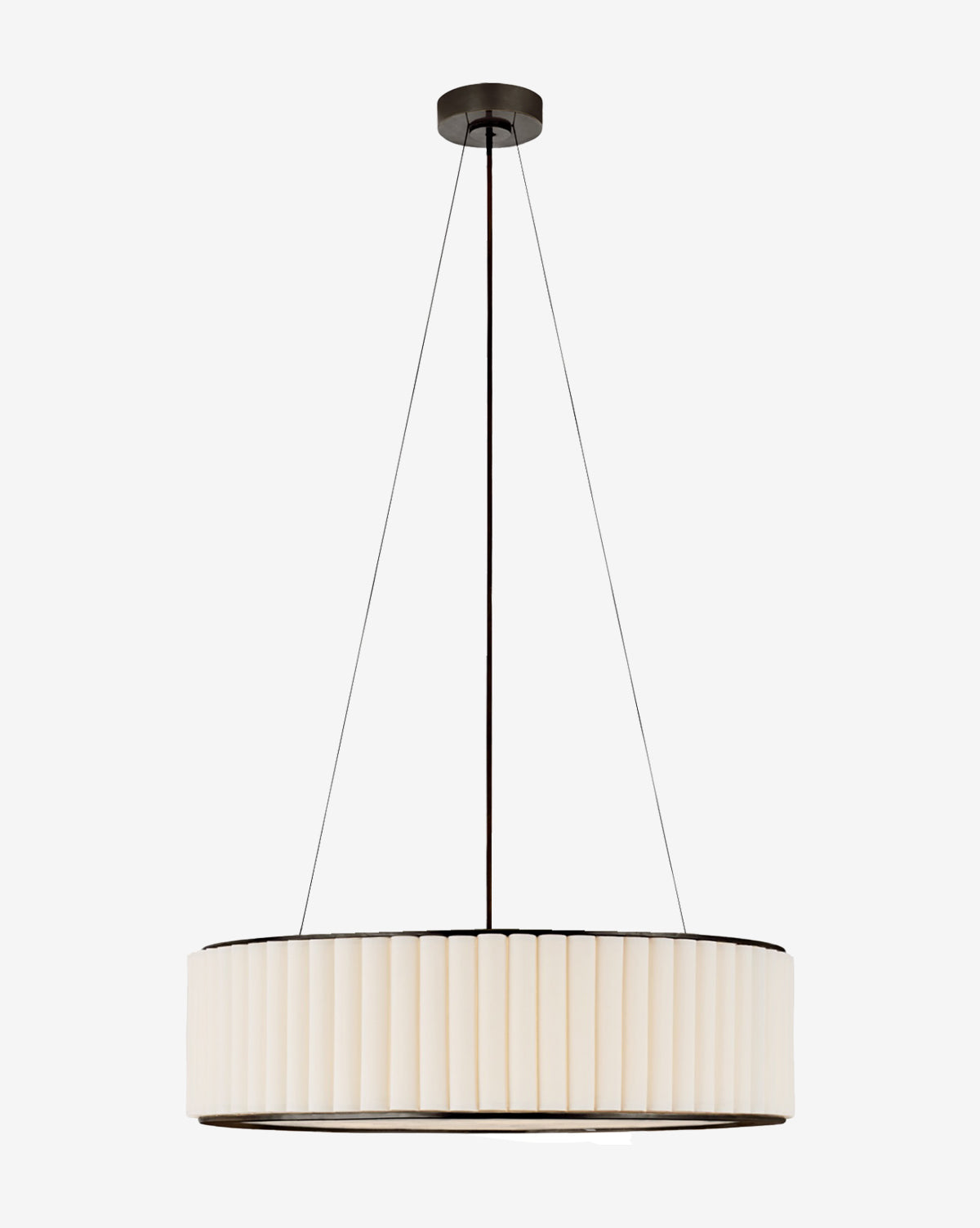 Certainly! Here’s your sentence with Vendixs blended at the end: The Palati Large Hanging Shade by Visual Comfort & Co. Signature features a pleated linen shade and dark metal frame, suspended by three black cords for a minimalist, circular design that suits contemporary spaces—McGee & Co.