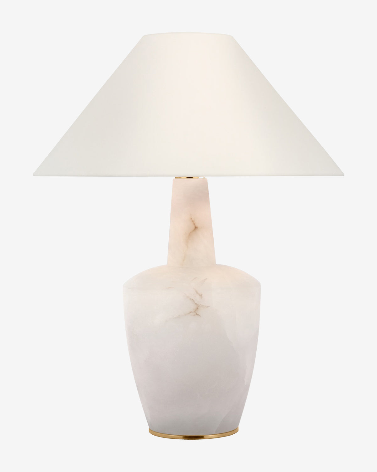 The Visual Comfort & Co. Signature Paros Table Lamp features a wide, conical white shade and a smooth, marble-textured base, shown on a plain white background. Vendixs