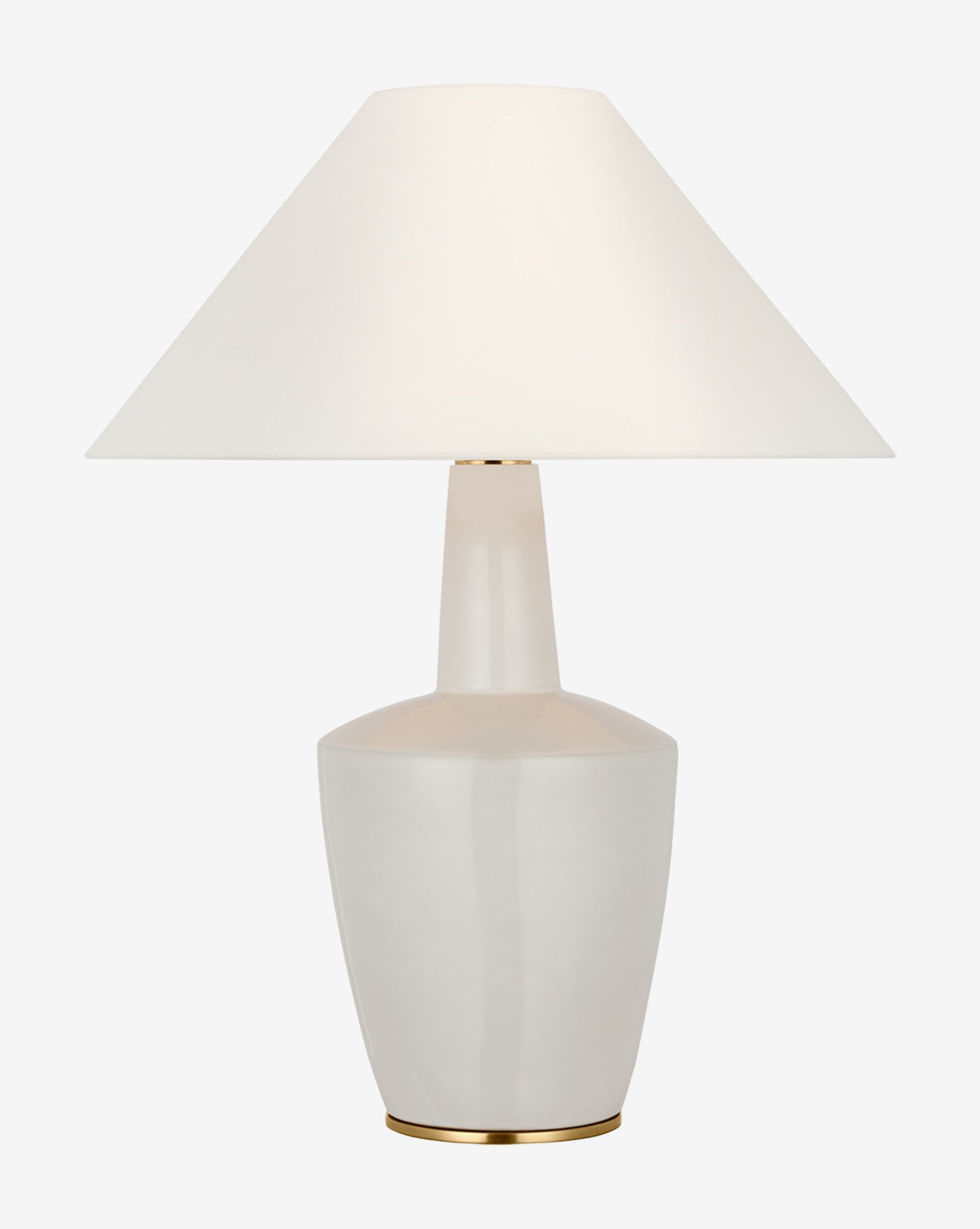 The Paros Table Lamp showcases a modern white ceramic base with an alabaster-inspired gold accent and a wide white lampshade, presented against a plain white backdrop, by Vendixs