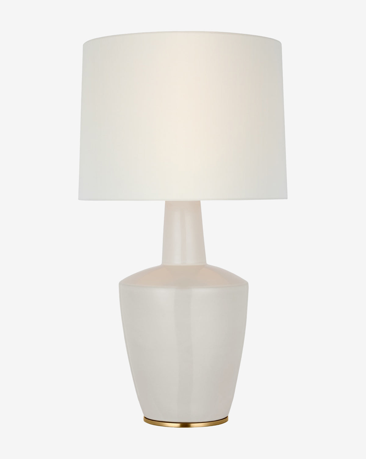 The Paros Table Lamp offers a modern white ceramic base with a subtle sheen, accented by a thin gold band and topped with a wide, round white lampshade for an elegant look, by Vendixs