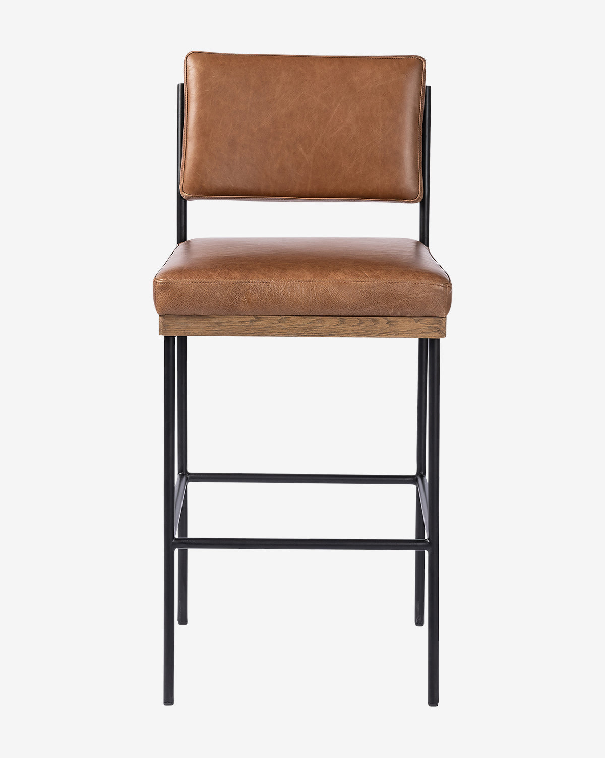 The Pascal Stool features a padded brown leather seat and backrest, wooden accents, and a sturdy black iron frame, displayed against a plain white background by McGee & Co.