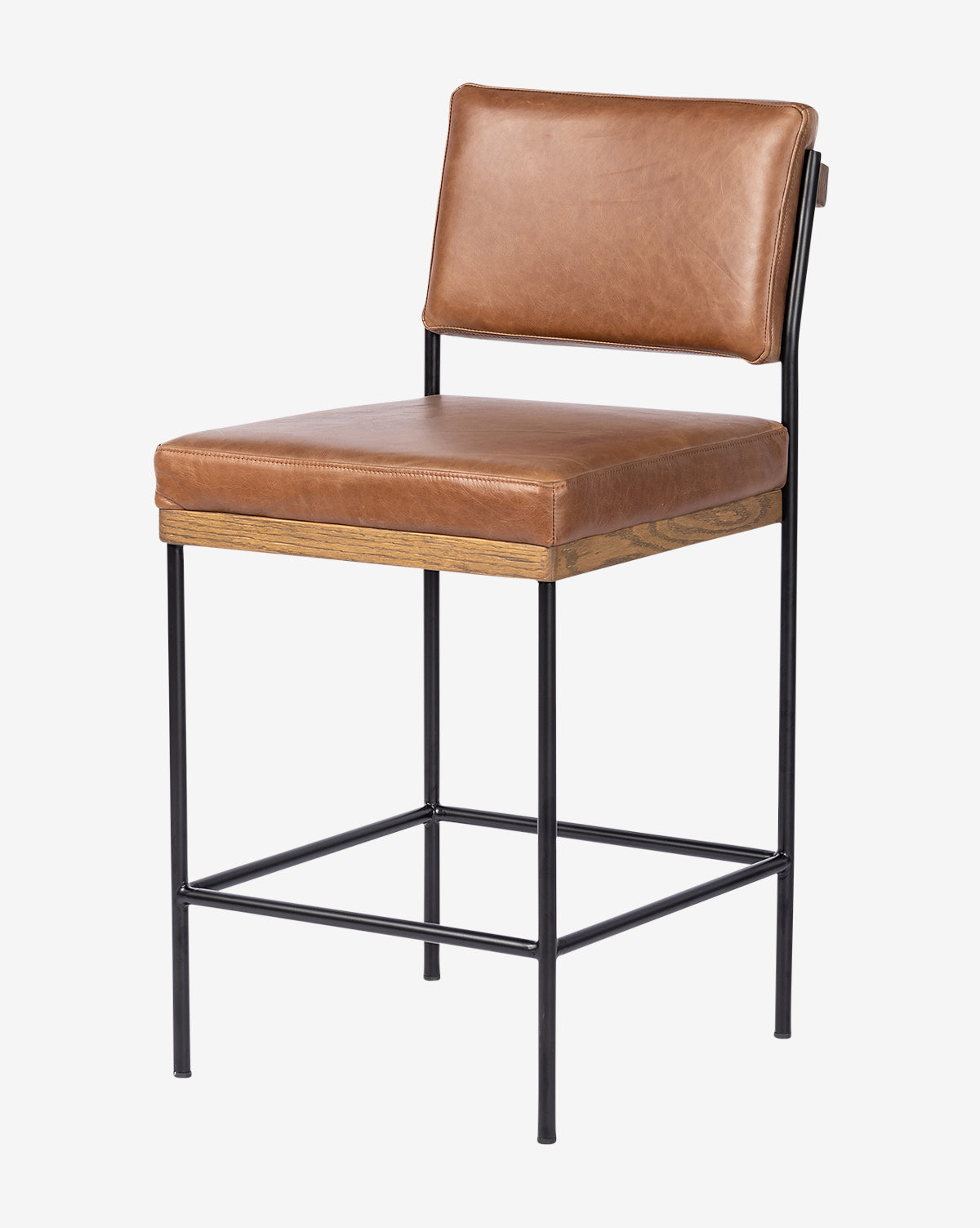 The Pascal Stool features a brown leather cushioned seat and backrest, with a black iron frame and wooden accent below the seat, offering versatile style for any setting, by Vendixs