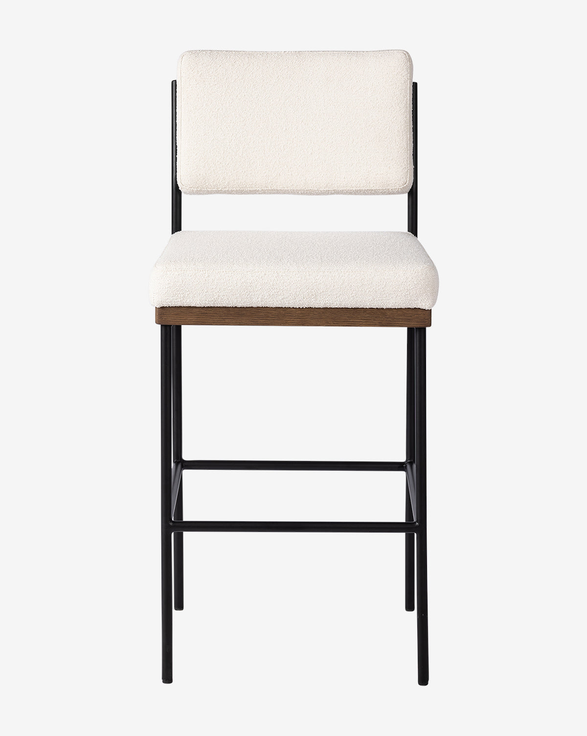 The Pascal Stool combines a black iron frame, brown wood seat base, and cushioned white fabric seat and backrest—delivering modern versatility, as shown against a plain white background by McGee & Co.