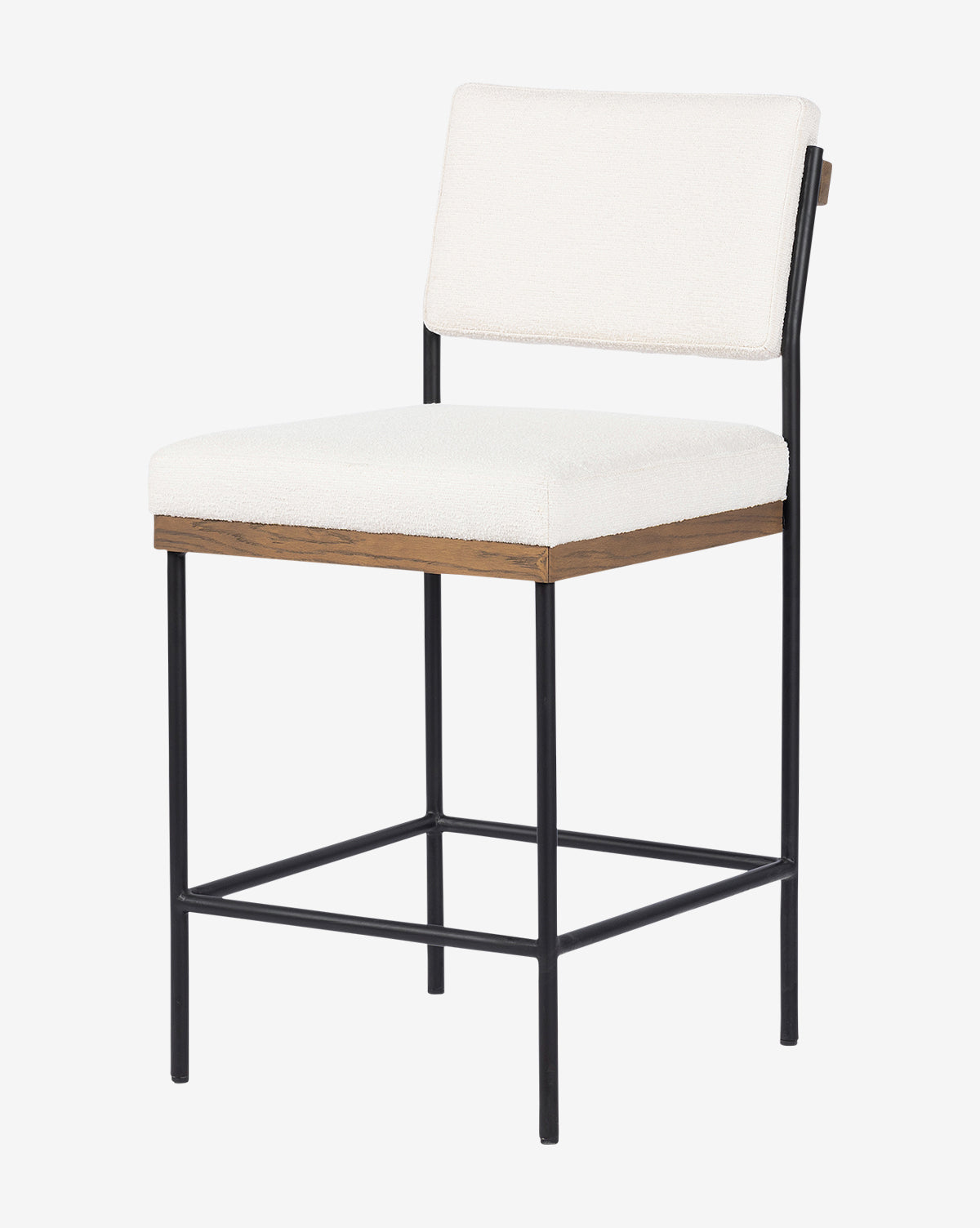 The Pascal Stool features a modern design with a white cushioned seat and backrest, a slim black iron frame, and a wooden accent beneath the seat, by Vendixs