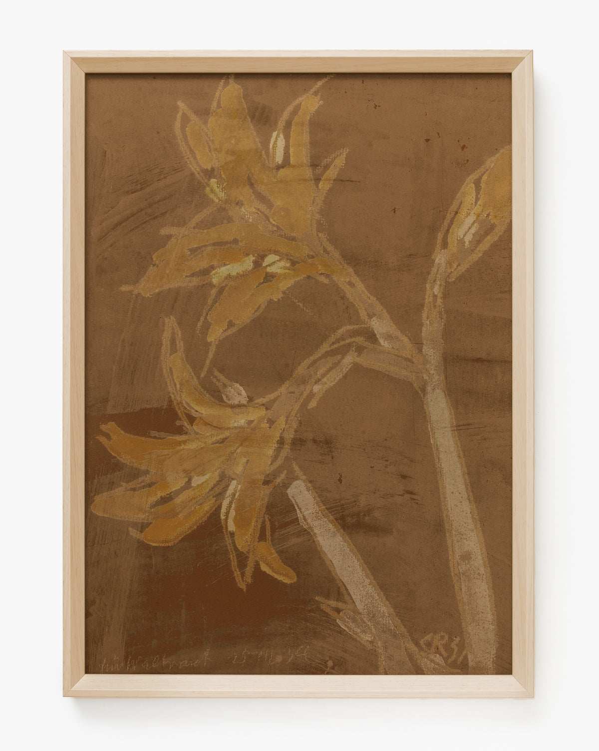 Past Petals is a giclee print in a white wood frame, showcasing delicate yellow-brown flowers on a textured brown background for a soft, earthy home accent with natural appeal, by Vendixs
