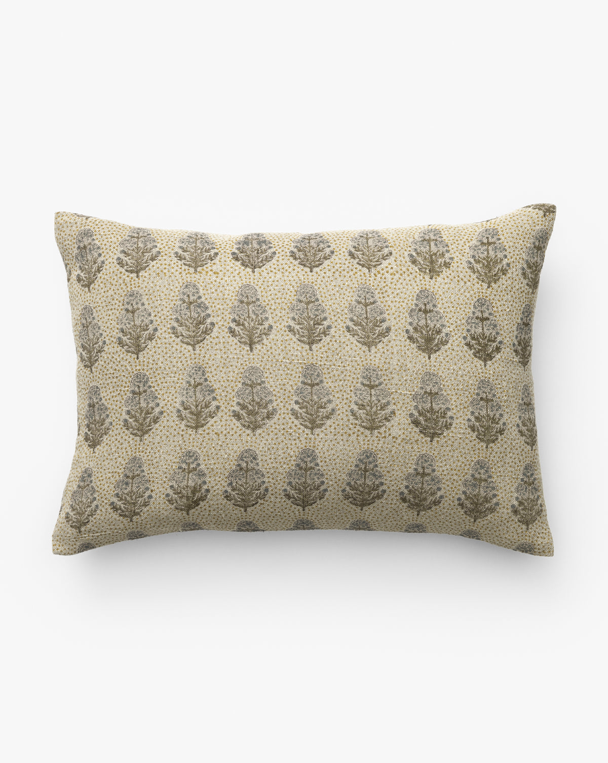 The Patricia Pillow Cover features a beige background with grayish leaves and small yellow dots in an elegant block print, adding subtle botanical charm and earthy tones to your space, by Vendixs