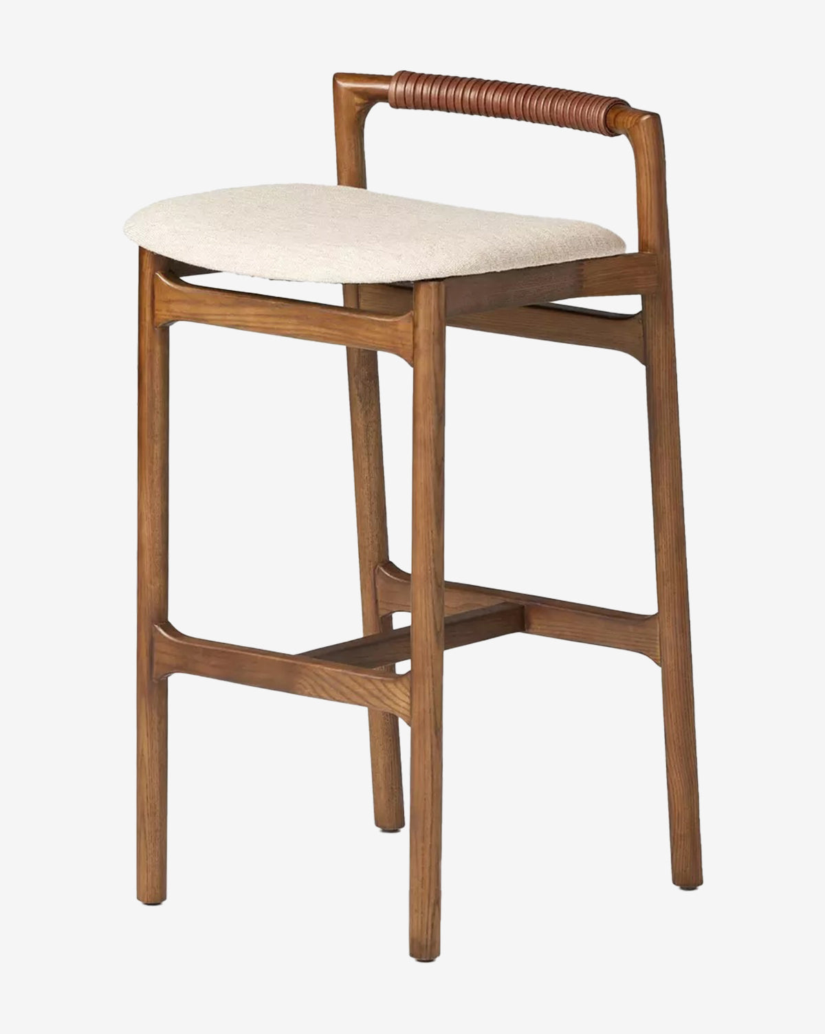 The Four Hands Patrin Stool showcases a modern ash wood frame, performance-upholstered seat, low curved backrest, and woven leather top rail, blending clean lines and minimalist design for a contemporary look by Vendixs