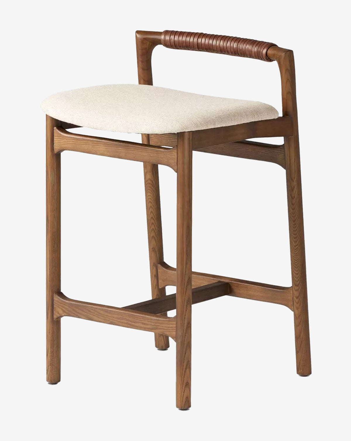 The Four Hands Patrin Stool offers a light beige performance-upholstered seat, a brown cord-wrapped low curved backrest, and an ash wood frame with angled legs and horizontal supports. Vendixs