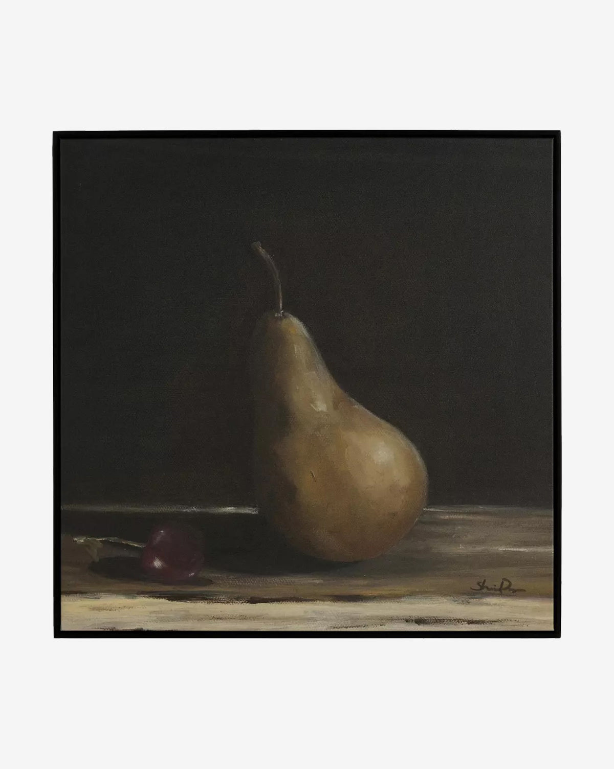 Pear I by Shaina Page features a richly colored pear standing upright beside a small red cherry on wood, set against a dark background and elegantly presented in an American maple floater frame, by Vendixs