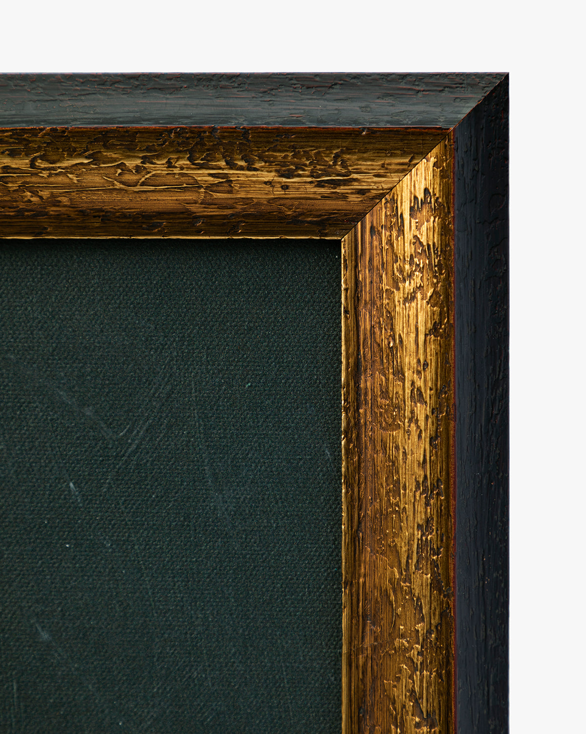 Close-up of a Pear Pictorial frame corner featuring a textured gold inner edge and dark green canvas, ideal for displaying still life or giclee prints. The outer edge is dark with a rough, painted finish, by Vendixs