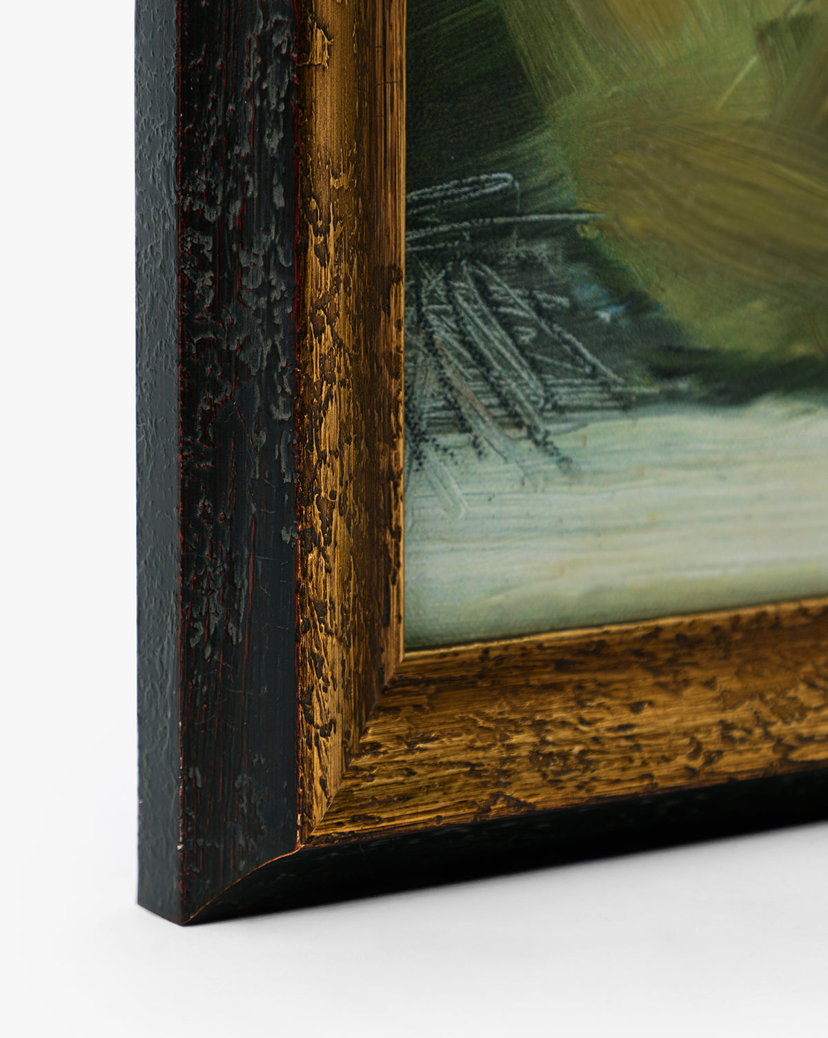 Close-up of Pear Pictorials textured dark wooden frame with a gold inner border, highlighting green and white brushstrokes—perfect for giclee print reproduction, by Vendixs
