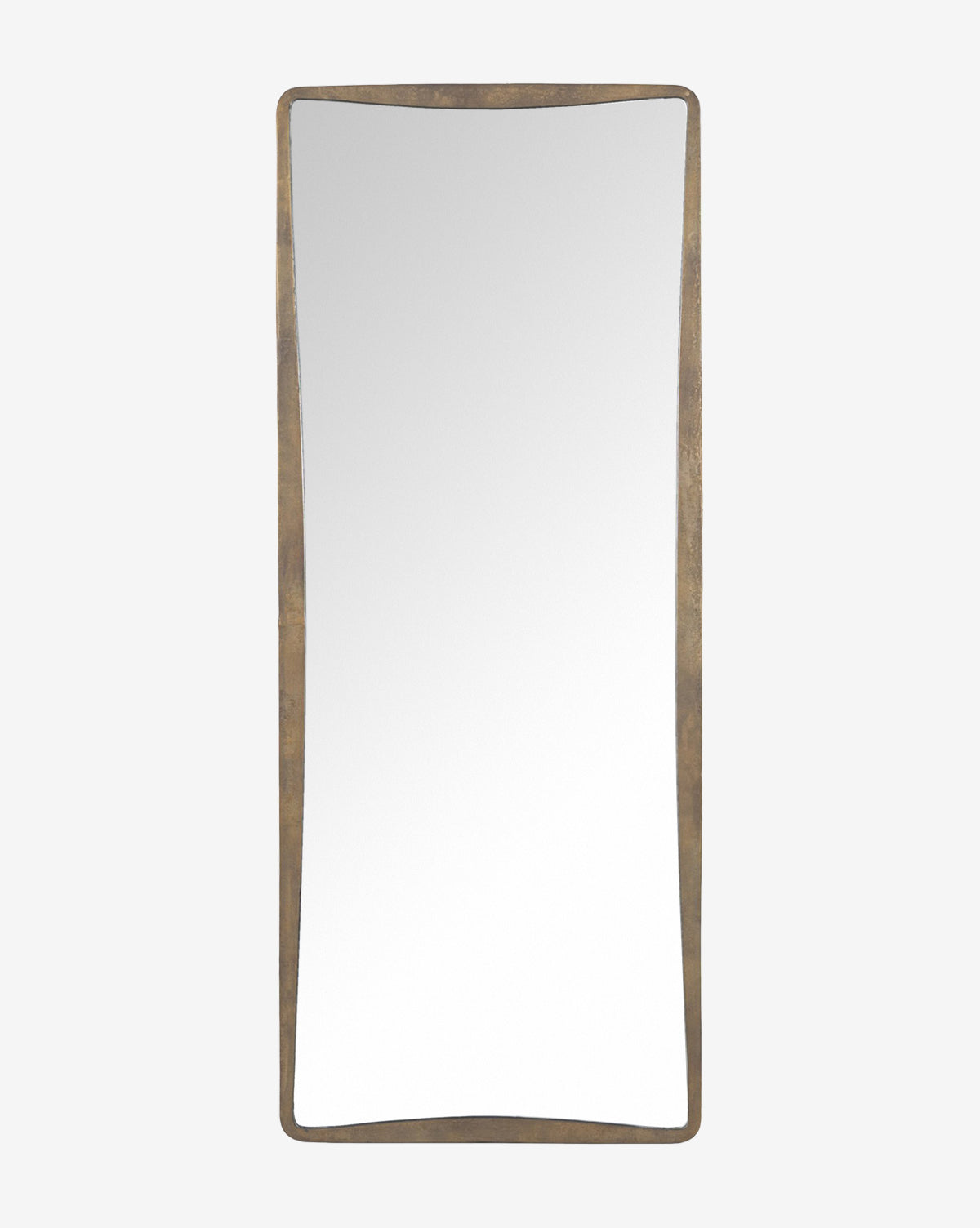 The Penrod Floor Mirror features a tall design with gently curved edges and a slim antique brass cast aluminum frame, making it a striking sculptural decor piece, shown here against a plain white background by Vendixs