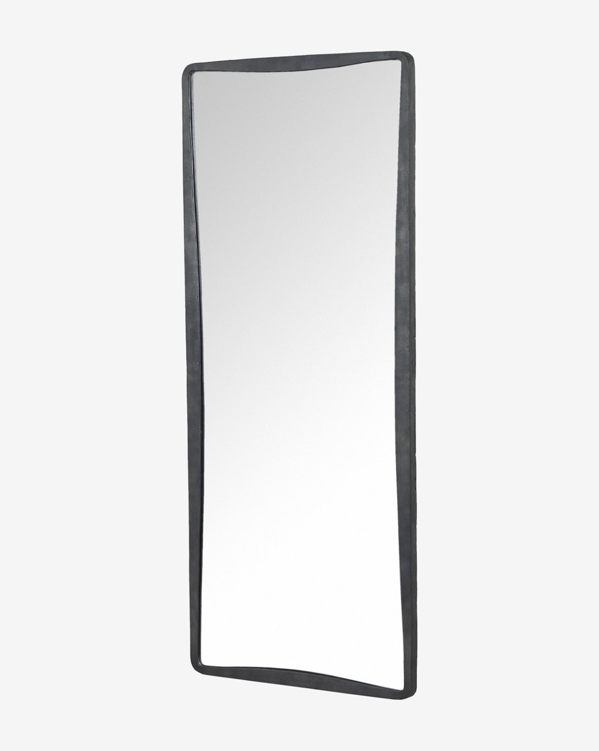 The Penrod Floor Mirror features a slightly uneven dark cast aluminum frame and leans at an angle against a light background, making it perfect as sculptural home decor, by Vendixs