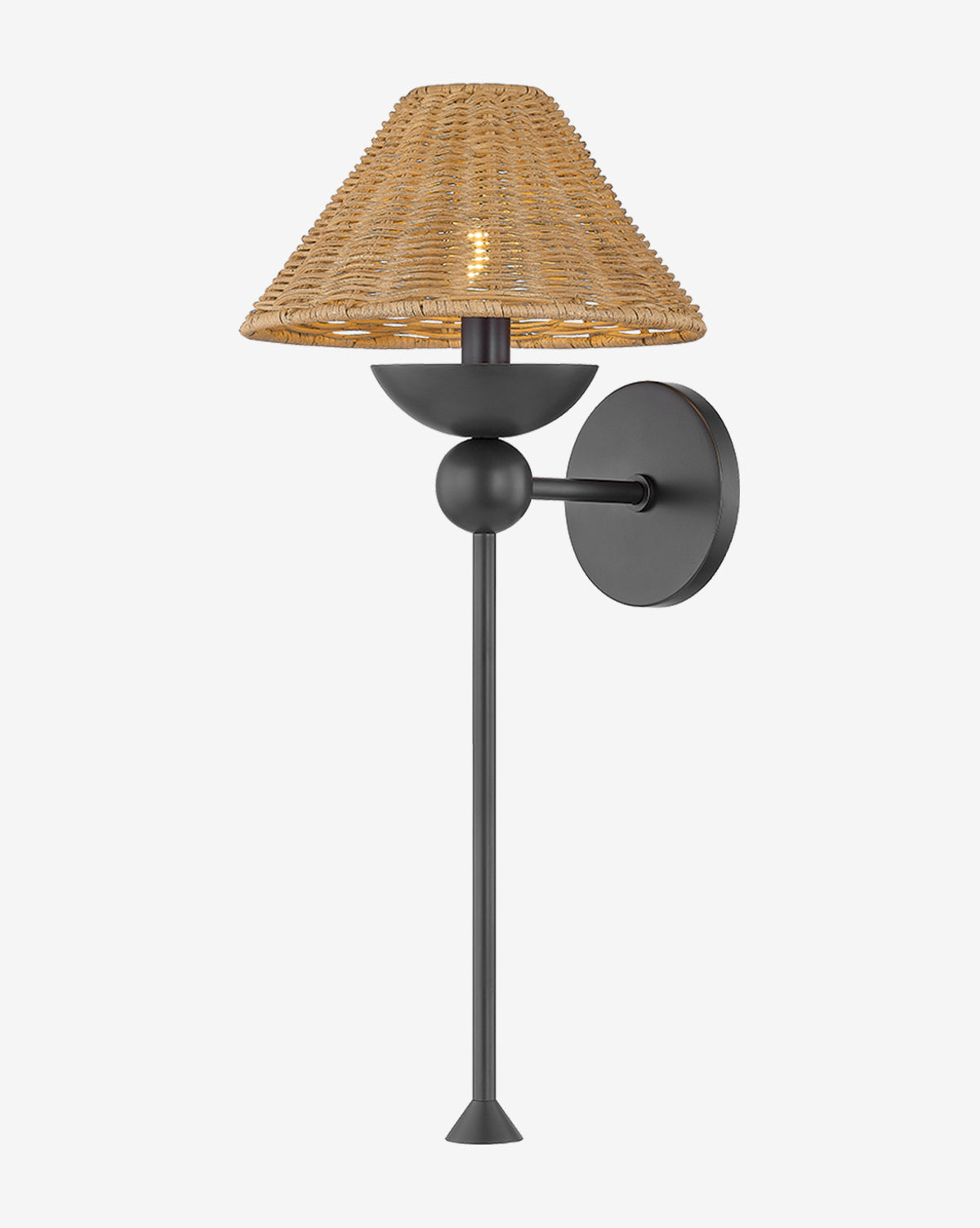 The Hudson Valley Lighting Perilla Sconce features a black metal base and cone-shaped natural rattan shade, shown wall-mounted on a white background—an ideal modern lighting solution for any space. Vendixs